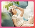 A woman reclines on a couch holding a water bottle to her forehead, with a fan nearby.