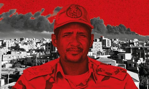Gen Mohamed Hamdan Dagalo AKA Hemedti, with smoke from fighting visible on the Khartoum skyline in the background