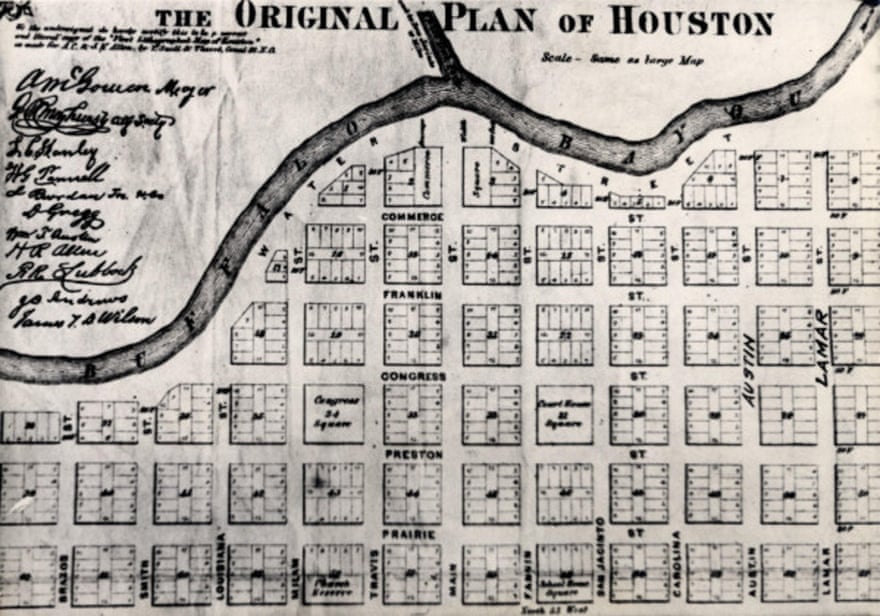An 1869 map of Houston and the bayou.