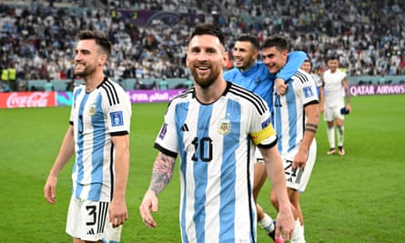 Lionel Messi of Argentina celebrates after a 3-0 win against Croatia in the World Cup semi-final.