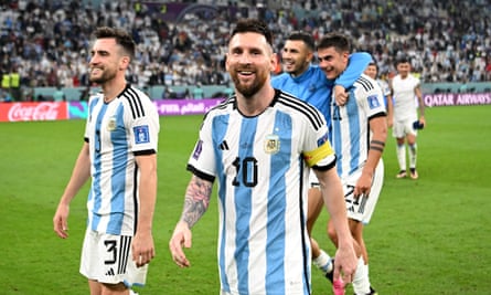 Lionel Messi of Argentina celebrates after beating Croatia 3-0.
