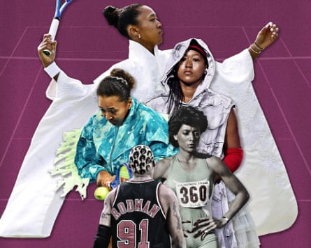 Collage of Naomi Osaka, a Rodman jersey, and Florence Griffith Joyner.