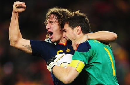 Carles Puyol (left) and Iker Casillas celebrate Spain’s World Cup final success in 2010.