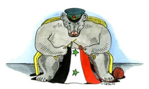 Russian bear repairs Syrian flag, illustration by Andrzej Krauze