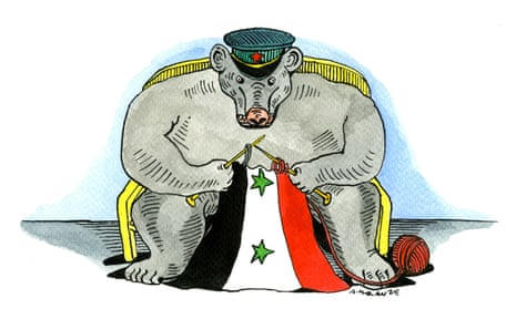 Russian bear repairs Syrian flag, illustration by Andrzej Krauze