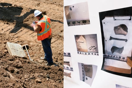 A man taking a photo at a construction site, and photos of bones on a poster