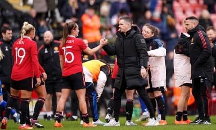 Ten things you need to know about Manchester United’s Marc Skinner | Manchester United Women 1 Marc Skinner with Maya Le Tissier and others after Manchester United beat Durham in the FA Cup fifth round