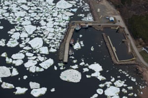 Fishing boats at L’Anse-au-Loup blocked by pack ice.