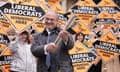 The Lib Dem leader, Ed Davey, celebrates his party’s local election gains at a rally in Winchester on Friday