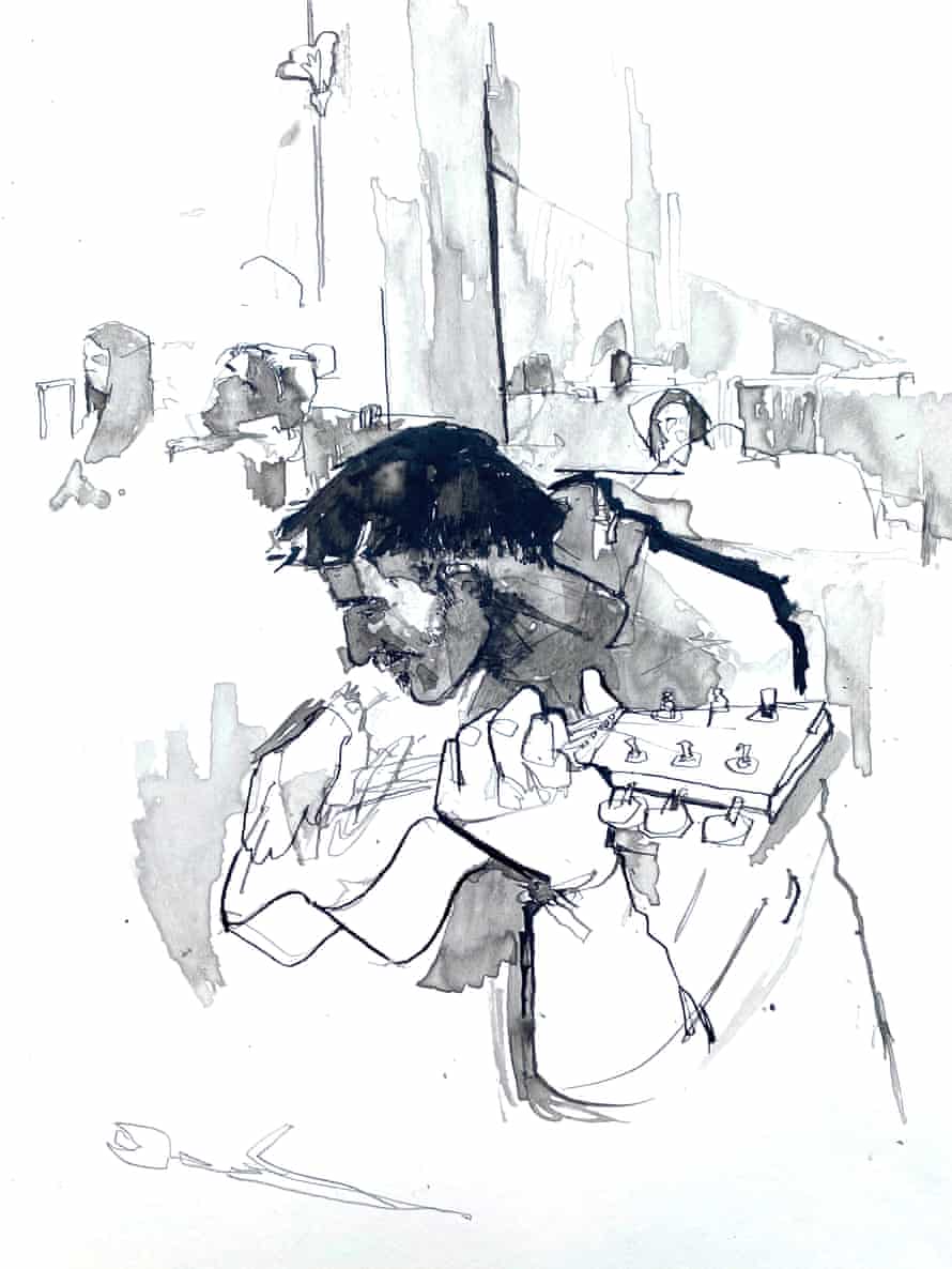 Drawing of a guitarist playing in Odesa train station by George Butler