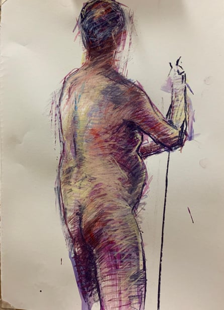 A drawing on Geoff standing with his back to us.