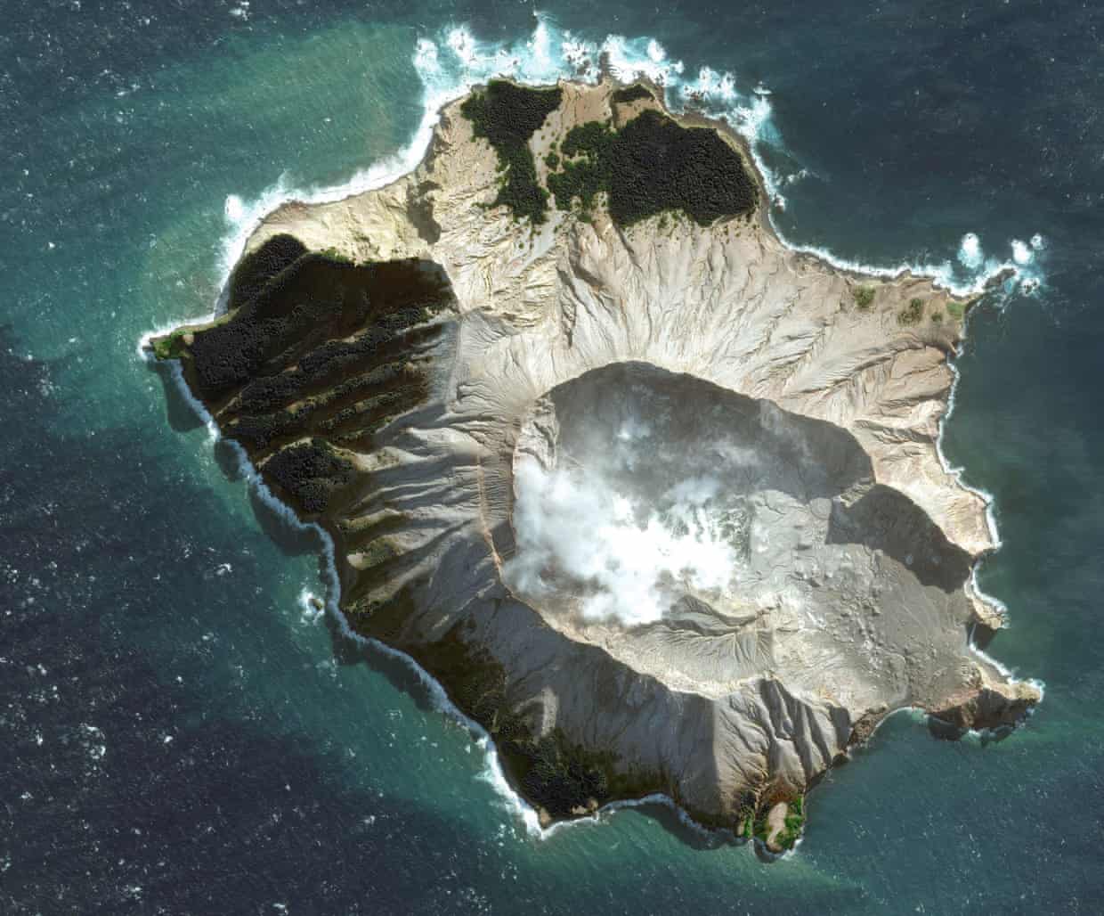 A satellite image shows White Island before the volcano erupted on Monday.