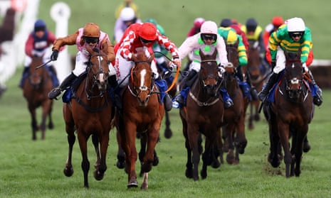 Bridget Andrews on board Faivoir comes up on the inside to win the County Hurdle at 33-1.
