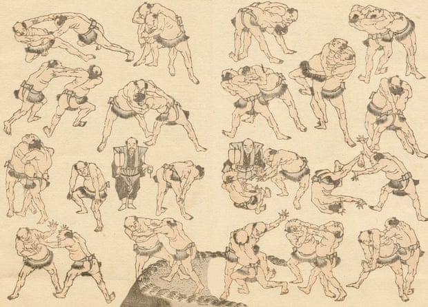 Sumo wrestlers by Hokusai, from a collection of woodblock print sketches begun in 1814.