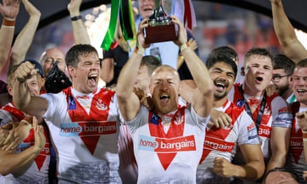 James Roby lifts the World Club Challenge trophy after St Helens defeated Penrith Panthers.