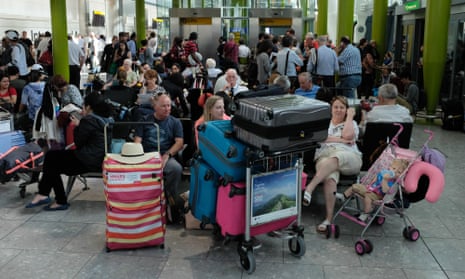Passengers stuck at the airport after flight delays.
