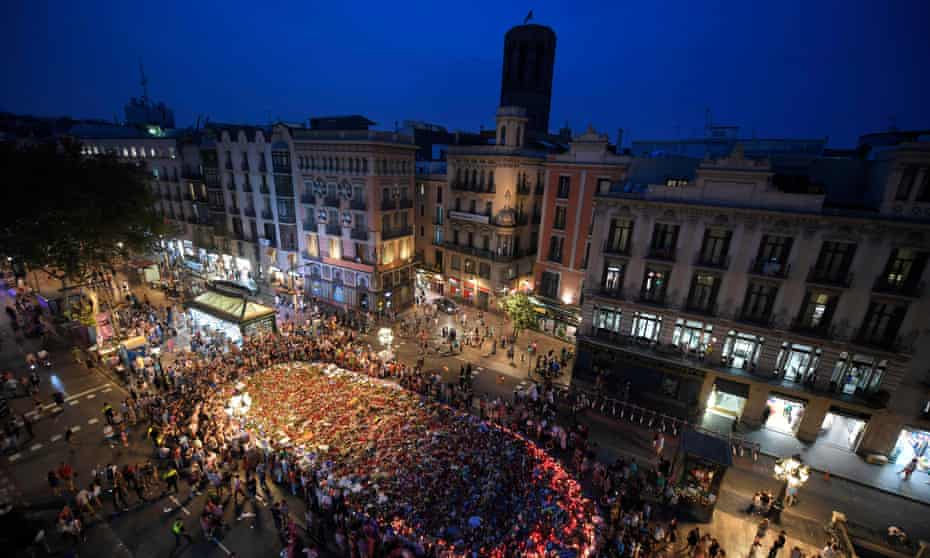 Aerial view of floral tributes at the Las Ramblas boulevard in Barcelona in 2017.