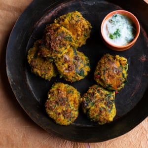 Nigel Slater’s chickpea and spinach cakes.