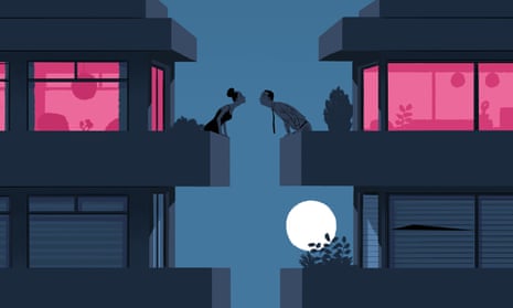 Illustration of couple leaning over balcony for a kiss in front of a full moon