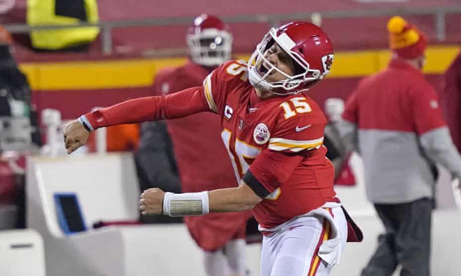 Patrick Mahomes celebrates after throwing a touchdown against the Buffalo Bills