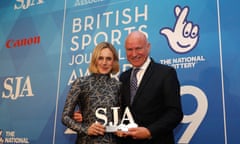 SJA British Sports Journalism Awards 2019<br>LONDON, ENGLAND - FEBRUARY 24: Marina Hyde (L), The Guardian receives the sports Columnist award from Patrick Barclay (R) during the SJA British Sports Journalism Awards 2019 at Park Plaza Westminster Bridge Hotel on February 24, 2020 in London, England. (Photo by Luke Walker/Getty Images)