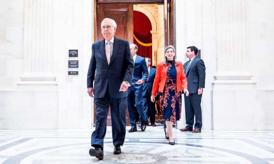 Mitch McConnell and Joni Ernst in Washington. McConnell, who previously condemned Trump’s role in the riot, reportedly asked senators to nix the commission as a ‘personal favour’.
