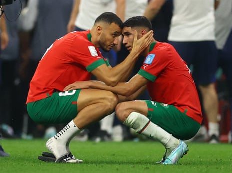 Romain Saiss and Achraf Hakimi of Morocco miss out on the final, despite their best efforts.