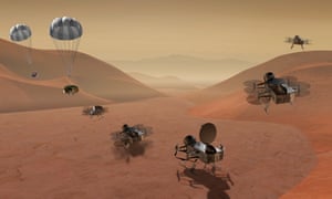 An artist’s rendering shows multiple views of the Dragonfly dual-quadcopter drone that will explore Saturn’s moon Titan.