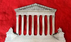A graphic image of the columned, peaked, white-stone facade of the supreme court, on a red background.