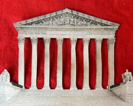 A graphic image of the columned, peaked, white-stone facade of the supreme court, on a red background.