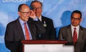 Newly-elected DNC dhair Tom Perez speaks as newly-selected vice-chair Keith Ellison looks on.