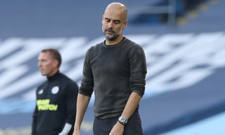 A despondent Pep Guardiola as his side are hammered by Leicester. ‘We were not strong enough to be stable and patient,’ he said.