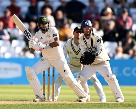 Nottinghamshire’s Haseeb Hameed plays a shot to the leg side against Warwickshire