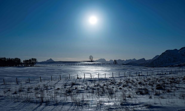 Frozen fields on the Lofoten Islands in the Arctic Circle in northern Norway.