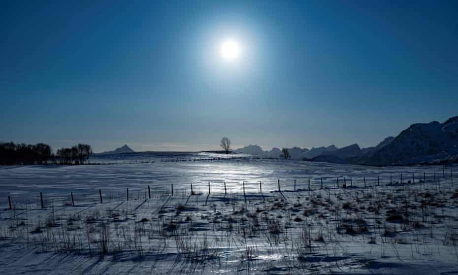 Frozen fields on the Lofoten Islands in the Arctic Circle in northern Norway.