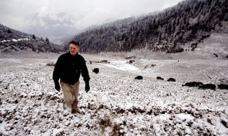 Michael Palin walking in Phobjika valley, Central Bhutan.