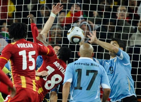 Uruguay’s Luis Suarez uses his hands to block the shot at goal during the 2010 World Cup quarter-final against Ghana at Soccer City stadium in Johannesburg