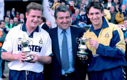 Then chairman Terry Venables with England players Paul Gascoigne and Gary Lineker at White Hart Lane, after presenting them both with replicas of the FA Cup, 1992