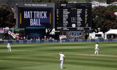 Tim Southee prepares to face Gus Atkinson’s hat-trick ball.