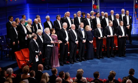 Annie Ernaux (front row, fourth from right) among the Nobel laureates at the 2022 award ceremony in Stockholm.