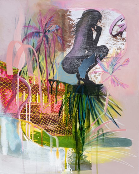 Elements of a strip bar sign, palm trees and a fence in pastel colours