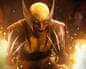 A character in a helmet with mouth wide open, holding up hands with metal claws protruding from the knuckles, surrounded by flames