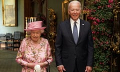 Queen Elizabeth II with US President Joe Biden in the Grand Corridor during their visit to Windsor Castle in 2021.