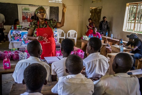 The academic and activist Stella Nyanzi in a school in Masaka, western Uganda, during the first outreach of the Pads for Girls campaign.