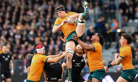 Australia's Nick Frost takes the ball during the Bledisloe Cup Test between the All Blacks and Wallabies in Dunedin.