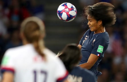 Wendie Renard of France scores her team’s first goal during quarter final match between France and USA at Parc des Princes.