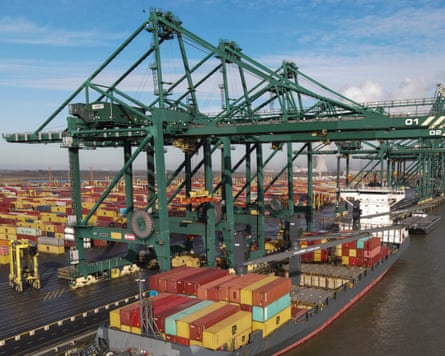 A container ship unloading at Antwerp harbour