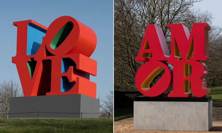 ‘Bodily form’: Robert Indiana, Love (Red Blue Green), 1966–1998, left, and Amor (Red Yellow), 1998-2006i at Yorkshire Sculpture Park.