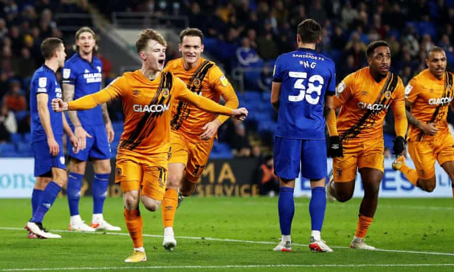 Keane Lewis-Potter celebrates after scoring the goal that saw Hull defeat another struggling team, Cardiff, last month.