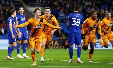 Keane Lewis-Potter celebrates after scoring the goal that gave Hull victory over another struggling team, Cardiff, last month.